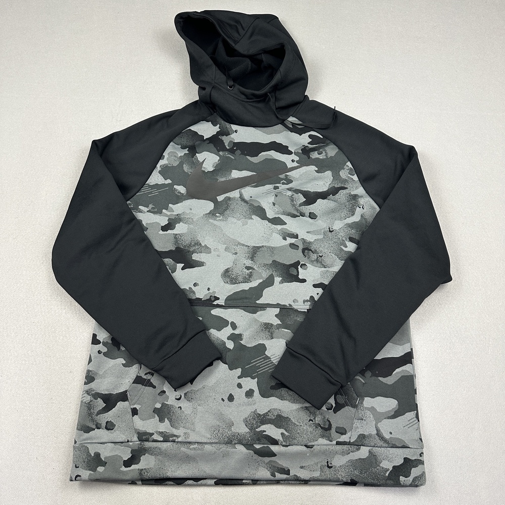 Nike Hoodie Men Large Gray Camo Pullover Dri-FIT Hooded Pockets Fleece L